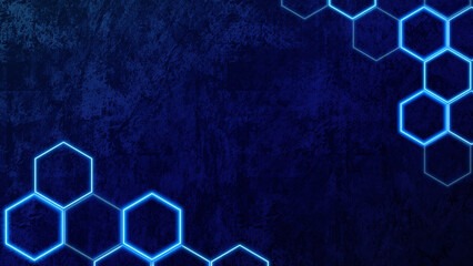 Futuristic Abstract Dark Blue Technology Background with Neon Glowing Hexagonal Grid Pattern for Digital Science and Blockchain Concept Design