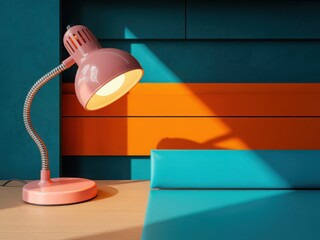 A pink desk lamp casts a warm glow on a colorful striped background