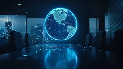 Holographic globe hovering over a table corner, representing global connectivity, digital networks, communication, and modern technology in a futuristic workspace.