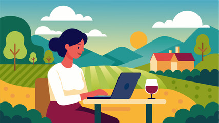 Naklejka premium A person works on a laptop while sipping a glass of wine at a vineyard enjoying a workation in the countryside.. Vector illustration