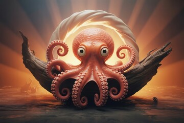 Whimsical octopus emerging from a glowing shell with mystical light