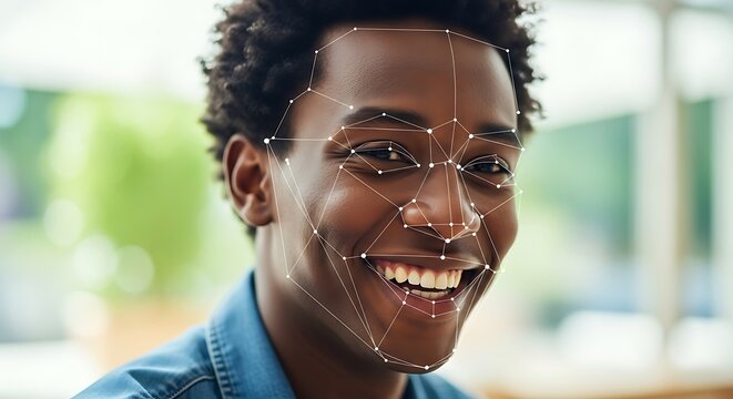 Facial recognition technology analyzing a smiling mans face with digital dots and lines, showcasing artificial intelligence and biometric data