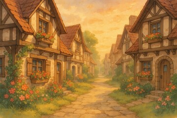 Obraz premium Warm sunset over a charming cottage lane in storybook anime village illustration