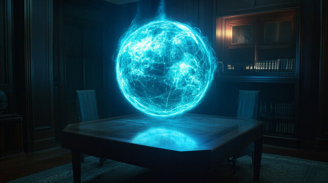 Holographic globe hovering over a table corner, representing global connectivity, digital networks, communication, and modern technology in a futuristic workspace.