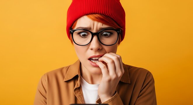 Worried woman with red hair and glasses biting nails, showcasing anxiety and stress while looking at her phone against a bright yellow background - Powered by Adobe