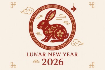 Red and gold lunar new year 2026 card with stylized rabbit paper cut pattern