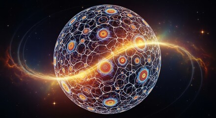 Glowing Abstract Sphere with Intricate Cellular Patterns and Golden Energy Beam in Deep Space