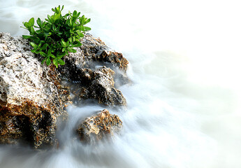 Serene coastal scene featuring small green plant growing on rocky shore, with gentle waves softly crashing against stones