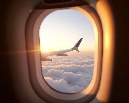 A view from an airplane window at sunset above the clouds