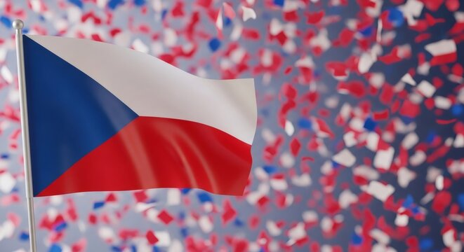 Czech republic national flag waving with falling confetti. National day celebration background for patriotic event.