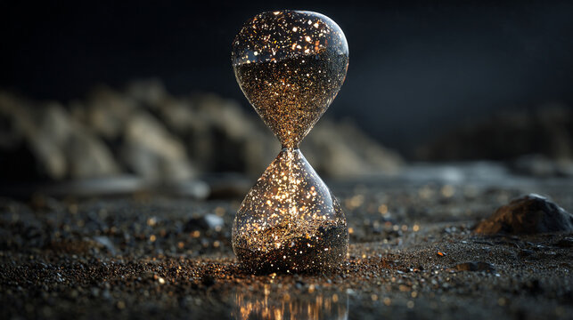 Hourglass with stars flowing instead of sand, symbolizing cosmic time, infinite possibilities, and the universe's rhythm in a mystical, celestial concept.