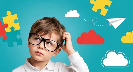 A pensive young boy with glasses contemplates a problem amidst floating puzzle pieces and paper airplanes on a vibrant turquoise background