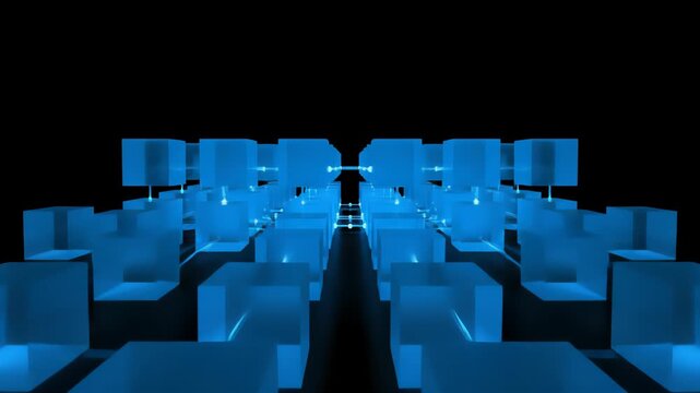 Abstract digital render of illuminated blue cubes in a structured grid pattern with glowing connecting lines, suggesting a technological network or data flow.