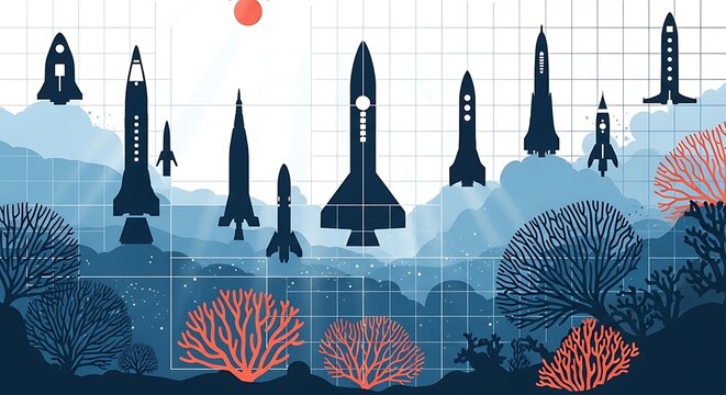 Diverse Rocket Silhouettes Launching into a Stylized Sky with Coral and Grid Overlay. - Powered by Adobe