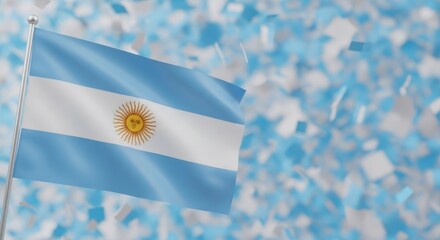 Argentina flag waving in the wind with blue and white confetti. National identity concept for Independence day celebration and patriotism.