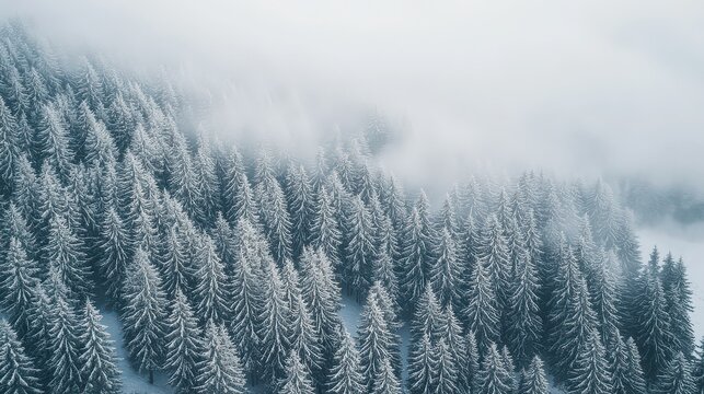 Aerial view of snow covered pine trees in winter forest with fog