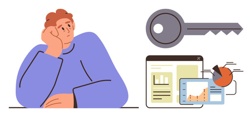 Man pondering alongside data charts, document, and key symbol. Ideal for problem-solving, analysis, strategy, decision-making, solutions inspiration and innovation-themed visuals. Simple flat