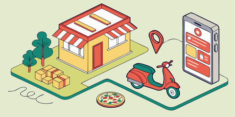 Obraz premium Seamless food delivery experience with a charming shop, scooter, and modern mobile app interface for ultimate customer convenience