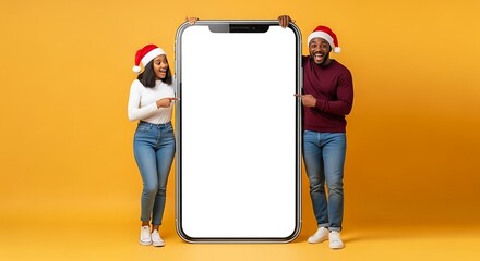 Joyful couple in santa hats pointing at a large smartphone with a blank screen, perfect for showcasing holiday promotions and mobile app designs