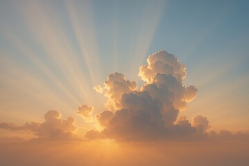 Sunbeams pierce cumulus clouds over horizon evoking hope and calm atmospheric light