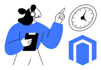 Woman wearing headset holds clipboard while pointing at clock. Ideal for time management, customer support, call center, deadline, remote work, productivity, simple flat metaphor