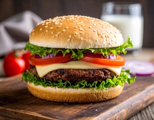 Delicious classic cheeseburger with fresh lettuce, tomato, and onion on a sesame seed bun, served on a rustic wooden board