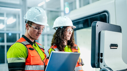Two engineers program an industrial robot or CNC machine using an AI interface. The team manufactures advanced microchips or high tech components in a smart factory.