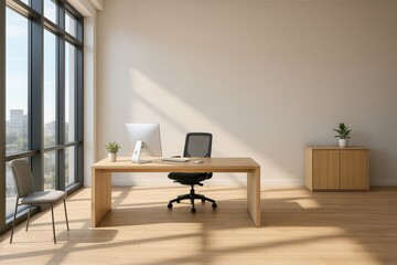 Fototapeta premium Sunlit modern office interior with empty wall and panoramic windows for mockup