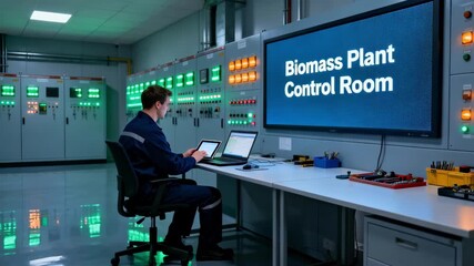 Calm and organized biomass plant control room during offpeak hours with an operator conducting system diagnostics and maintenance checks.