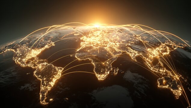 A stunning visual representation of global connectivity, showcasing illuminated pathways that encircle the Earth, symbolizing interconnectedness and communication across the planet.
