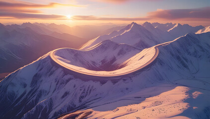 Snowy mountain range at sunset aerial view of winter landscape scenic vista for travel and adventure concepts