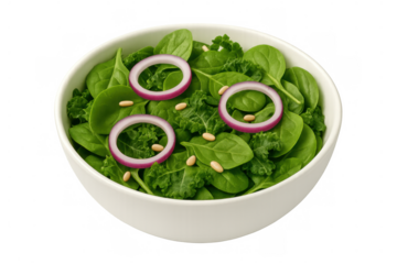 Fresh green salad with spinach, kale, red onion rings, and pine nuts in white bowl, transparent background