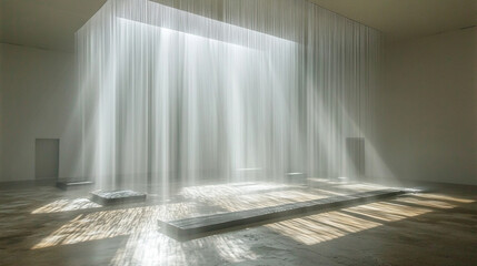 A focused light beam cutting through a serene meditation space, symbolizing clarity, mindfulness, spiritual energy, and calm reflection in a peaceful environment.