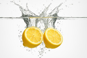 Two lemon halves splashing into clear water with bubbles and ripples on white scene