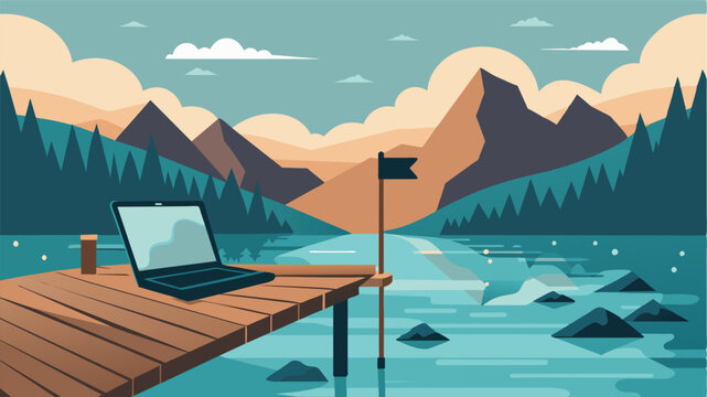 A rustic dock aged and rustic is home to a laptop connecting its user to the modern world amidst the tranquil and serene surroundings of a remote lake.. Vector illustration