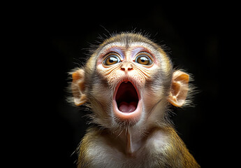 Excited monkey with wide open mouth, showcasing joyful expression against dark background, capturing essence of playful wildlife