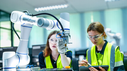 robotics engineer in an R&D lab performs diagnostics on an AI-driven collaborative robot (cobot). She is inspecting the hardware and system sensors.
