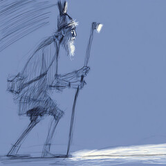 Old Man with Walking Stick Sketch Illustration