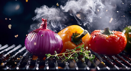 Grilled vegetables including red onion, yellow bell pepper, and red bell pepper create vibrant and smoky culinary scene