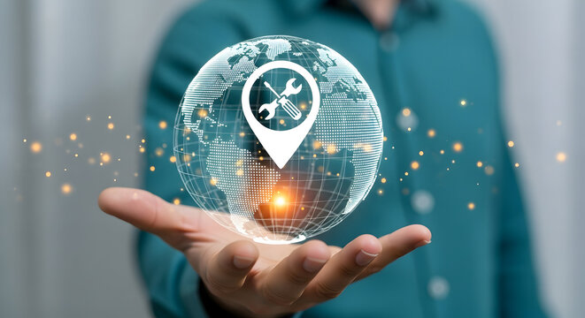 Global service location in hand, worldwide support and maintenance icon
