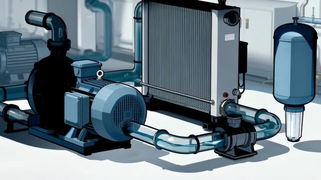 Medium shot highlighting components of a closedloop cooling system focusing on coolant recirculation to reduce water usage and optimize performance.