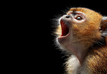 Excited monkey with wide open mouth, showcasing vibrant fur and expressive features, captures moment of joy and curiosity