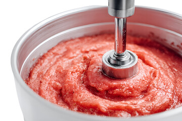 Close up of immersion blender mixing pink fruit puree in a white container