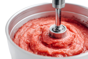 Close up of immersion blender mixing pink fruit puree in a white container
