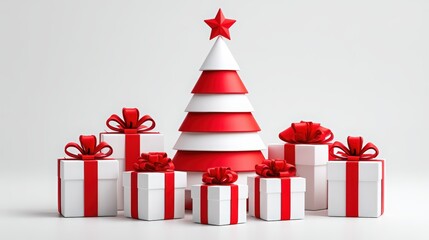 Festive Red and White Christmas Tree with Gifts and Decorations
