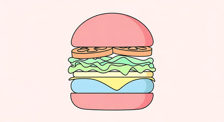 Pink Burger Graphic Illustration with Cheese, Lettuce, and Mushrooms