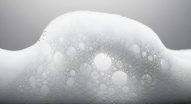 Macro shot of luxurious white soap foam with bubble detailing and clean background