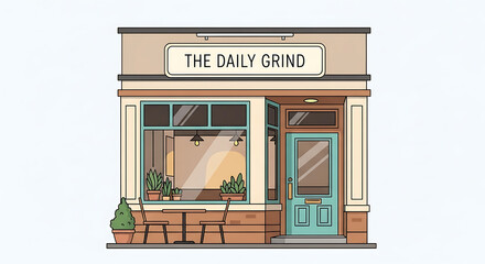 Charming illustrated coffee shop exterior with inviting storefront, outdoor seating, and warm interior lighting, perfect for a daily beverage