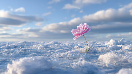 雪原に咲くピンク色の一輪の花のイメージ風景