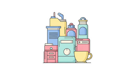 Colorful illustration of various containers, bottles, cups, and dispensers in a modern flat design style